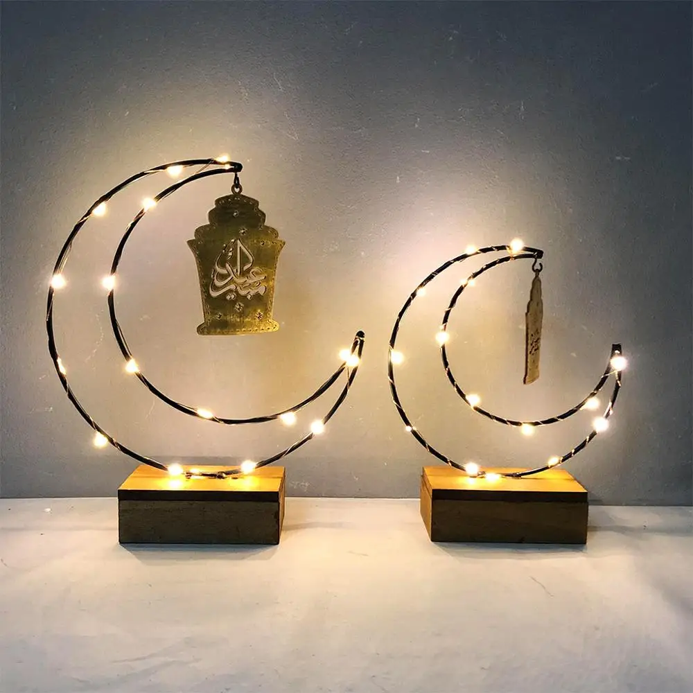 

Wooden Ramadan Eid Mubarak Moon Star Islam Hanging Pendant Plate With LED String Lights Ornament Home Party Supplies DIY Gift