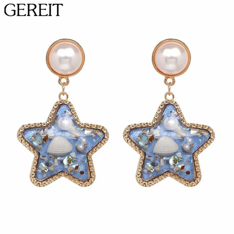 

GEREIT Unique Gold Long Drop Star Dangle Earrings Pearl Shell Sequins Resin Starfish Statement Earrings For Women Summer Jewelry