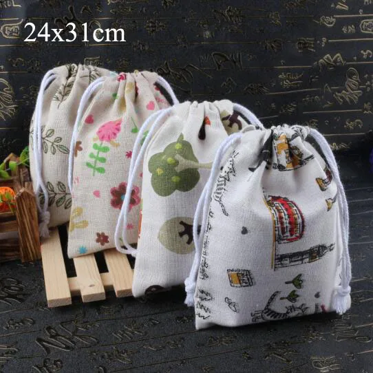 

New Arrival 2019 Big Size 24x31cm Cartoon Printed Drawstring Cotton Linen Cloth Bags Pouches Christmas Gift Bag For Decoration