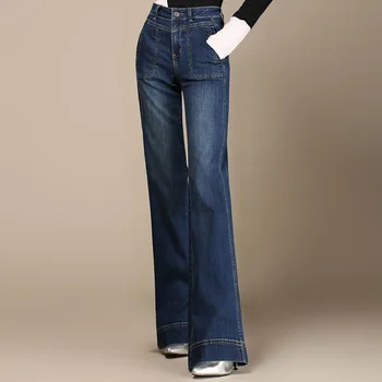 

Jeans Women Mid Waist Blue Embroidered Flares Pants Bell Bottom Stretch Slim Denim Ladies Mom Jeans