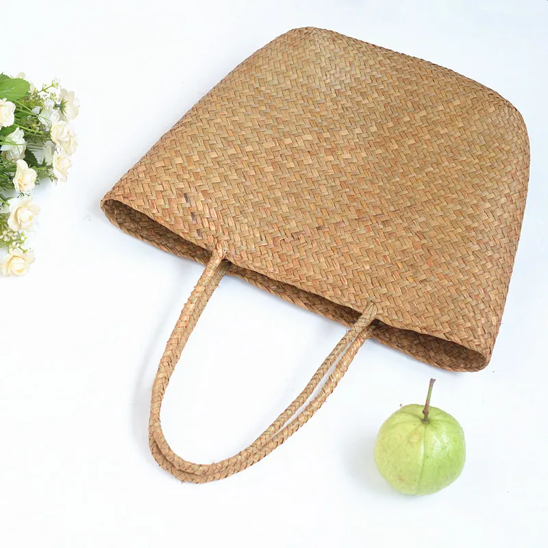  Casual straw bag big tote natural wicker bags women large capacity beach braided handbag for garden - 32895154038