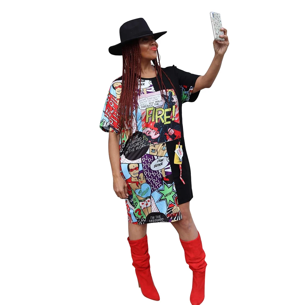 

Casual Caricature Print Irregular Mini Dress Women O Neck Short Sleeve Loose T Shirt Dress Outwear Leisure Sundress Vestidos