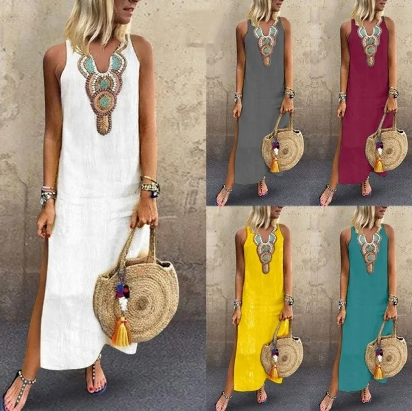 

Womens Printed Maxi Dress Sleeveless V-neck Maxi Dress Split Hem Baggy Kaftan Long dresses woman party night vestidos verano NEW