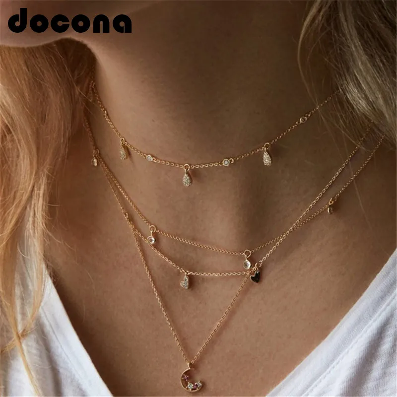 

docona Gold Color Crystal Heart Moon Layered Necklace for Women Girl Metal Charms Pendant Necklace Boho Jewelry Collars 3378