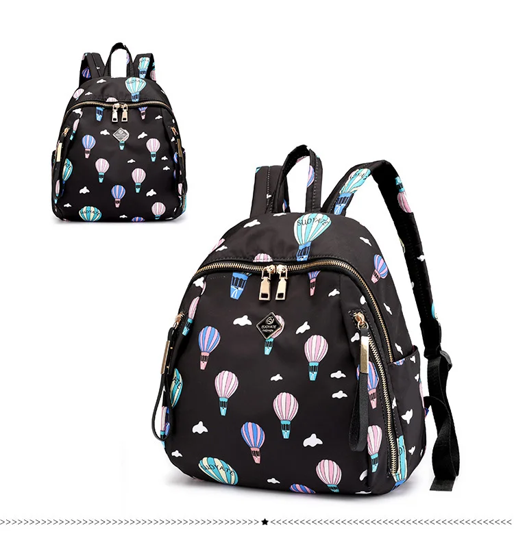 Women Floral Nylon Backpack Female Fashion Printing Casual Rucksack Famous Lady Girls Large Black Purple Blue Soft Shoulder Bag (19)
