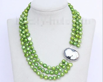 

FREE shipping> >>> Baroque 16"-18" 3row 9mm light green pearls necklace seashell clasp j10090