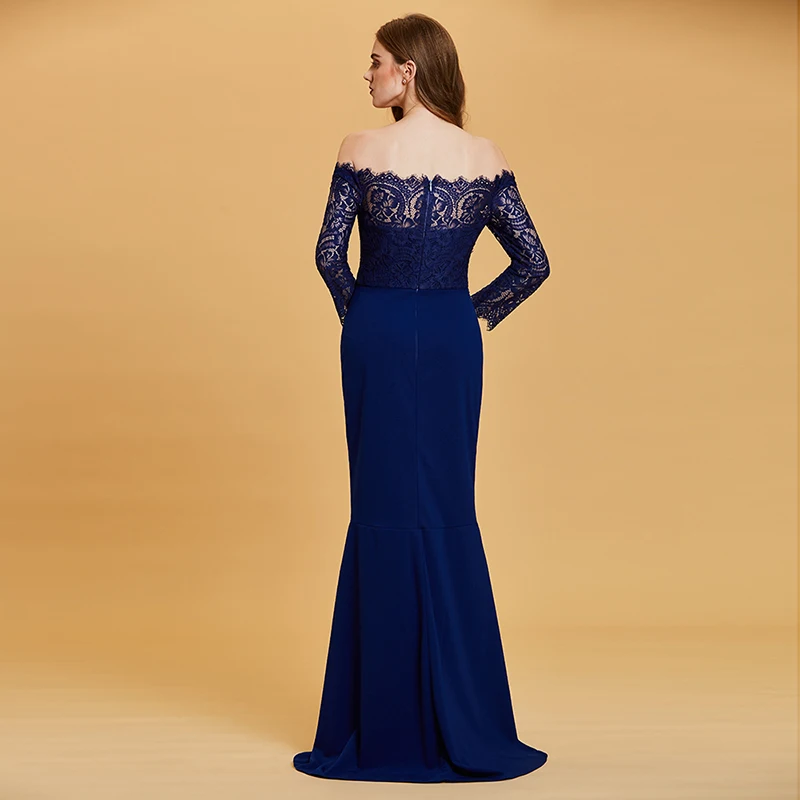 Tanpell вечернее с вырезом «Лодочка» платье темно-синее длинное, кружевное до пола платье женское свадебное платье Русалка строгое длинное вечернее платье