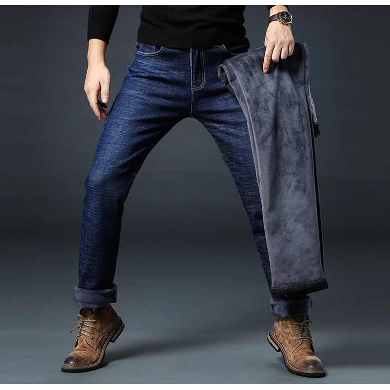 Icpants зимние мужские джинсы из денима черные теплые классические плотные мужские джинсовые комбинезоны мужские штаны Bule Большие размеры 38 40