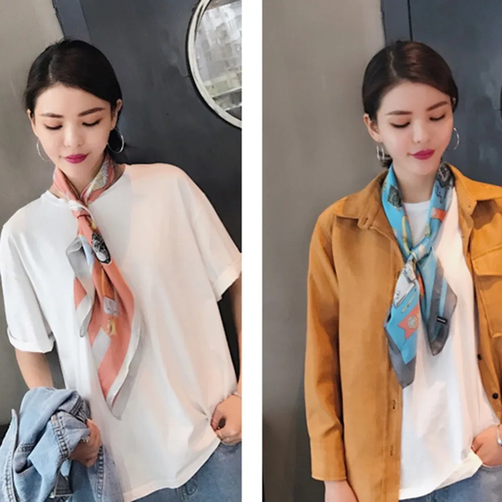 Elegant Women 70*70cm Square Silk Scarves Leopard Letters Soft Satin Scarf Retro Head Neck Hair Tie Band