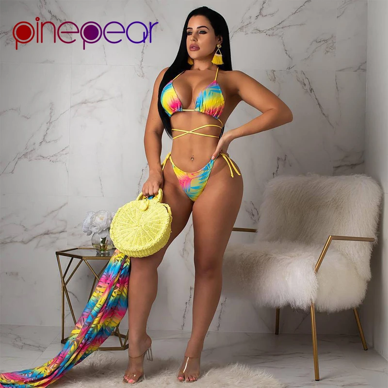 

PinePear Rainbow Leaf Print Bikini Set and Cover Up Three Piece Set Swimsuit 2019 NEW Summer Women Swimwear Beachwear Wholesale