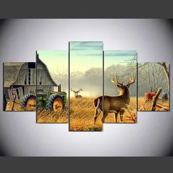 

5 piece canvas Animal Whitetail Deers On Farm wood house Tractor Canvas picture painting decor print poster wall art