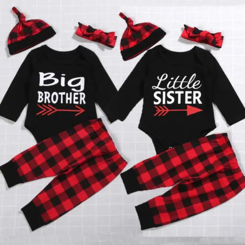 4 предмета, Рождественская семейная одежда для маленькой сестры/старшего брата, комбинезон в клетку для новорожденных девочек и мальчиков, комбинезон+ штаны+ шапочка, комплект одежды