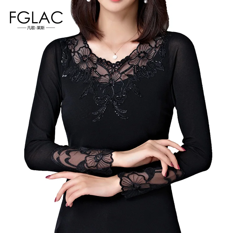 

FGLAC Women's blouse shirt Fashion casual long sleeve Mesh tops Elegant Slim hollow out Diamond women tops and blouses
