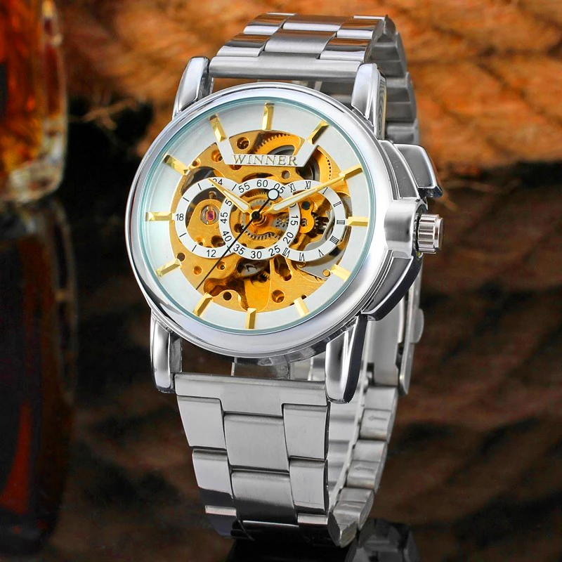 

WINNER Brand Men Luxury Business Silver Skeleton Stainless Steel Watch Mechanical Hand Wind Wristwatch Gift Box Relogio Releges