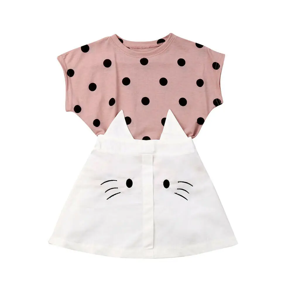 

Lovely Toddler Kids Baby Girl Polka Dot Cotton T-shirt Tops Cat Print A-line Skirt 2PCS Princess Girls Clothes Set
