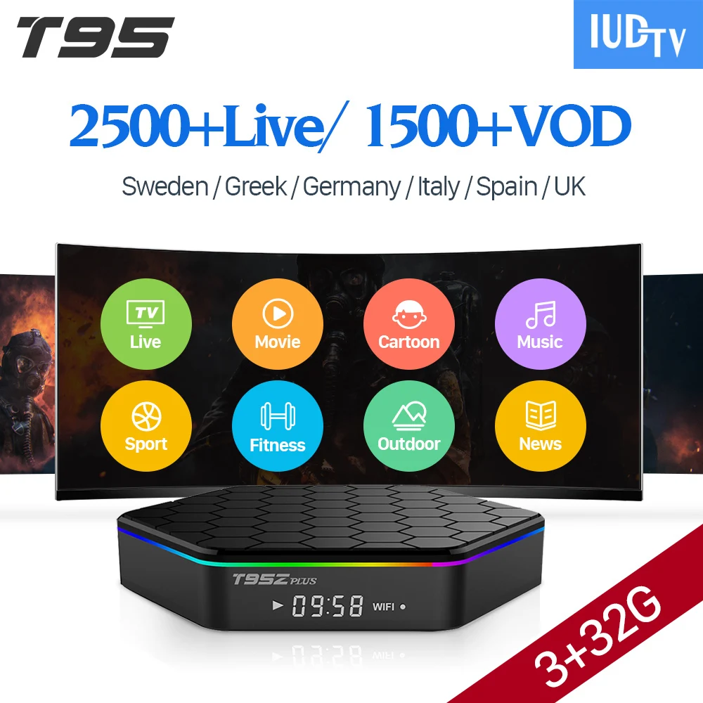 

IUDTV Subscription Original T95Z Plus 3GB 32GB Android 7.1 TV Box 4K H.265 S912 1 Year IUDTV Code Europe Swedish French IPTV Box