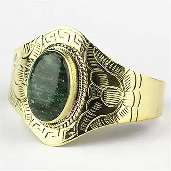 

BB-190 Fine Indian Golden Brass Inlaid Natural Semiprecious Stone BOHO Bangle Carved Lotus Open Cuff