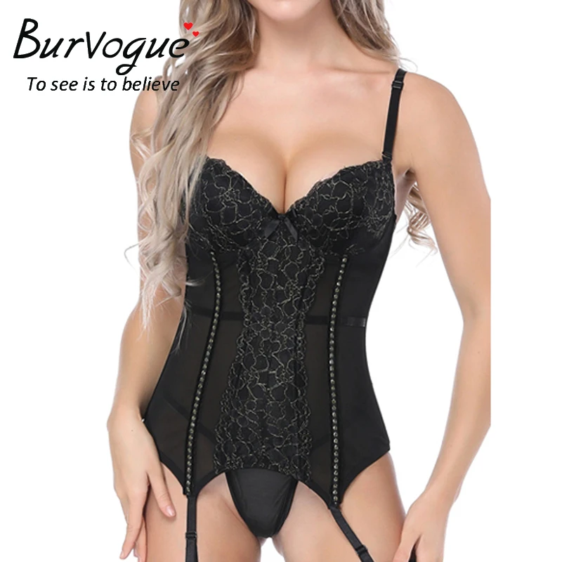 

Burvogue Corsets Black White Lace Bustier Women Overbust Push Up Corset Sexy Femme Lace Up Lingerie See Through Corsets Bustiers