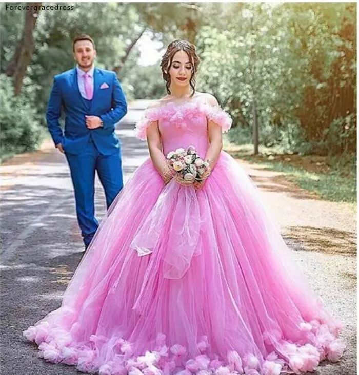 2019 New Pink Quinceanera Dresses Off Shoulder Ball Gown Hand Made Flowers Sweet 16 Sweep Train Plus Size Party Dress Prom Evening Gowns  187 (6)