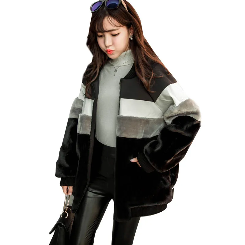 

Faux Fur Stitching Coat Thickening Warm Winter Jacket Women Baseball Tops Outerwear Casual Bombers Hairy Winter Coat Parka C3437