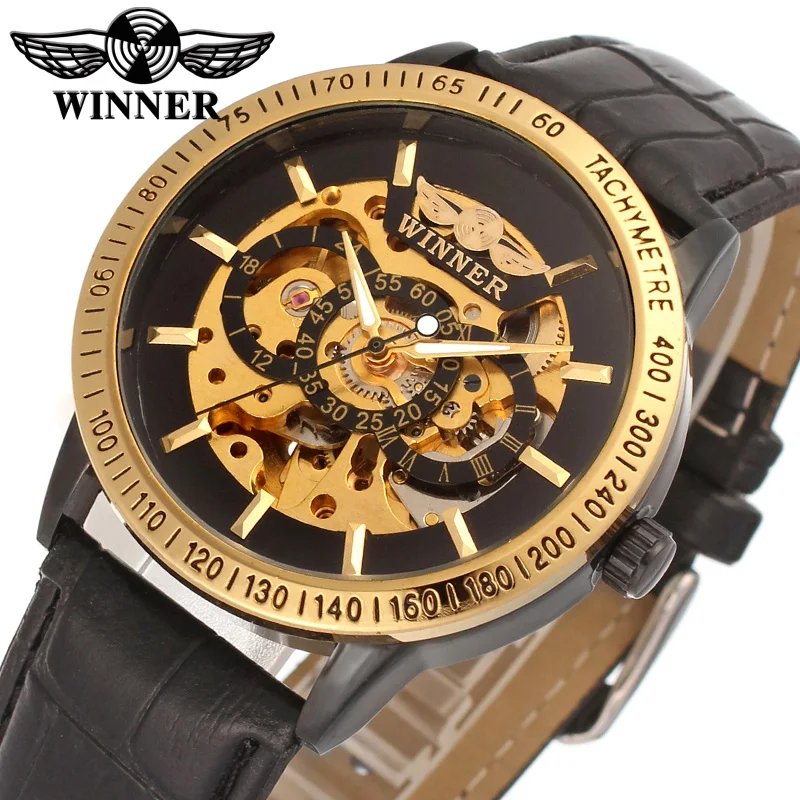 Genuine Leather Belt Watches Men Watch Gold Skeleton Business Sports
