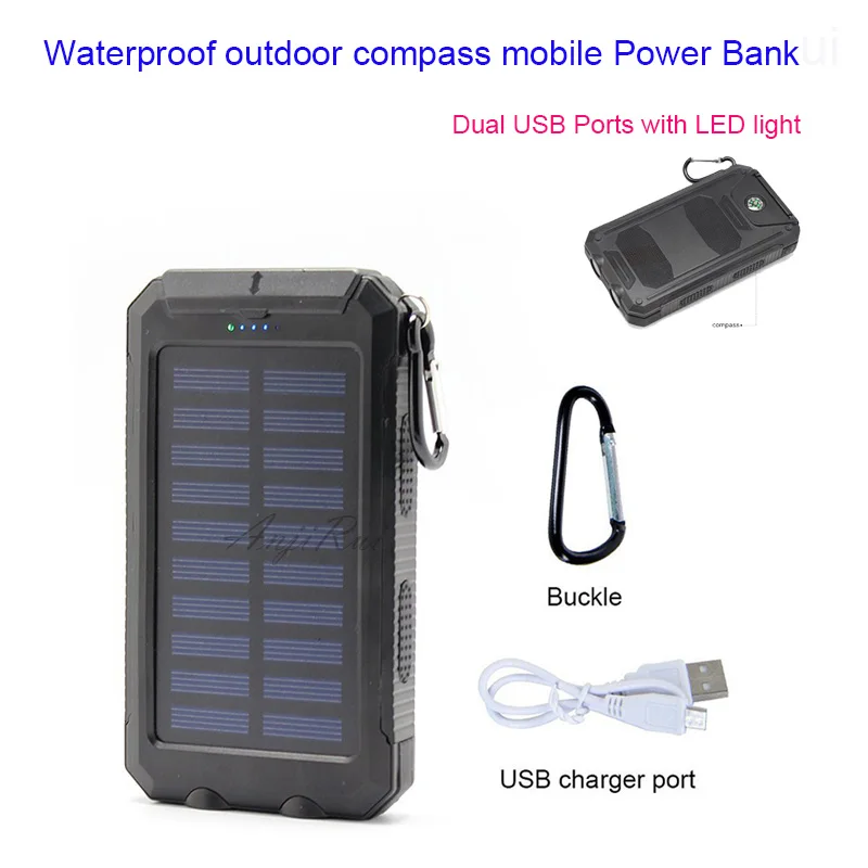 Waterproof outdoor compass mobile Power Bank 20000 mA solar charging dual USB Ports with LED light phone charger supply