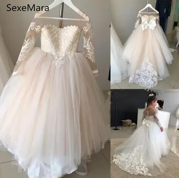 

Champagne Fluffy Tulle White Lace Flower Girls Dresses for Wedding Girls Pageant Gowns First Communion Dress Custom Made Size