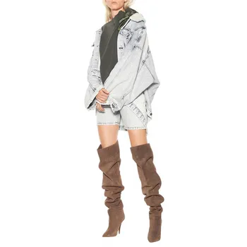 

EMMA KING 2020 New Khaki Pleated Over The Knee Boots Pointed Toe Stilettos High Heels Ladies Dress Thigh High Boots For Women