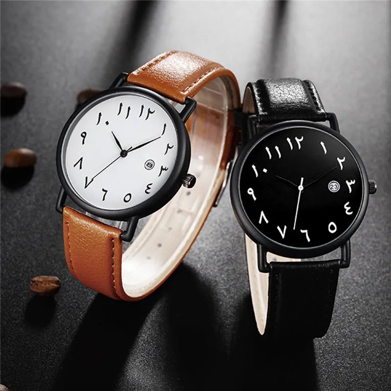

Quartz Watch Fashion Arab Numbers Men and Women Unisex Watch PU Leather Watchband Quartz Wristwatches with Calendar Display 45