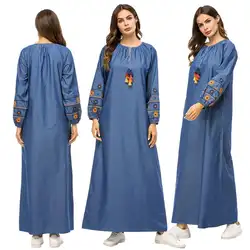 Женские мусульманских деним платье макси Вышивка О-образным вырезом свободные вечерние коктейльное платье Исламской