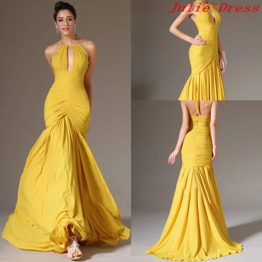 2014 New Halter Yellow Sheath Sexy Open Back Prom Dress Pleated Formal