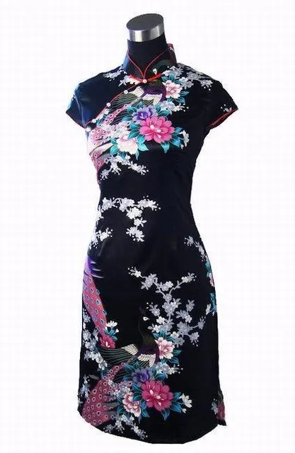 Black Print Short Sleeve Mini Dress Chinese Women Silk Rayon Qipao Short Cheongsam Peacock&Flower Size S M L XL XXL