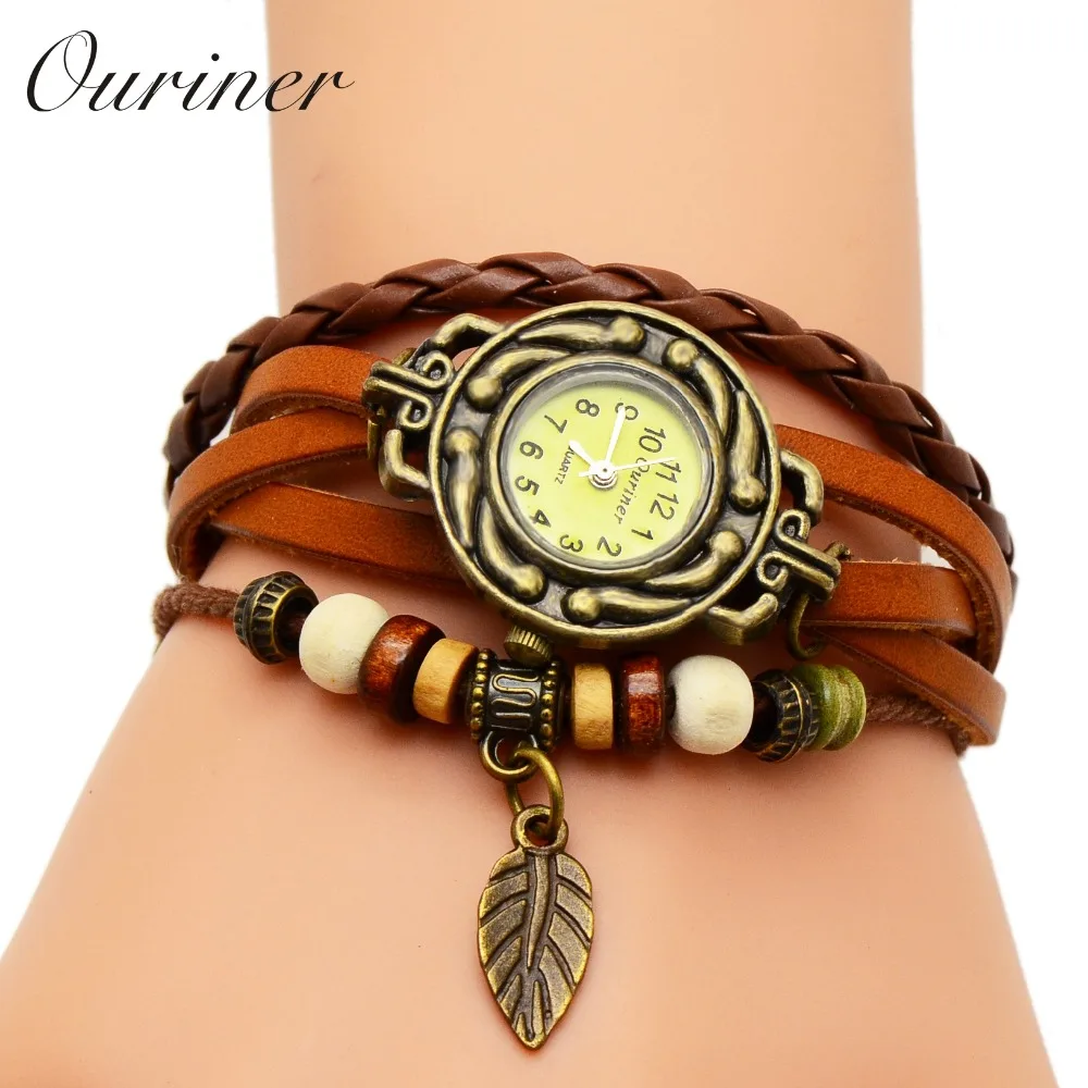 

2018 Women Watches Leather Bracelet Watch Woman Dress Vintage leaf Vintage WristWatch No.10