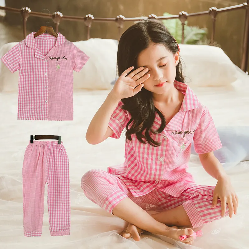 

Summer Kids Pajamas Sets For Girls Short Sleeve Cotton Plaid Kids Pajamas For Girls Children 2Pcs Blouse Pants Sleepwear Retail
