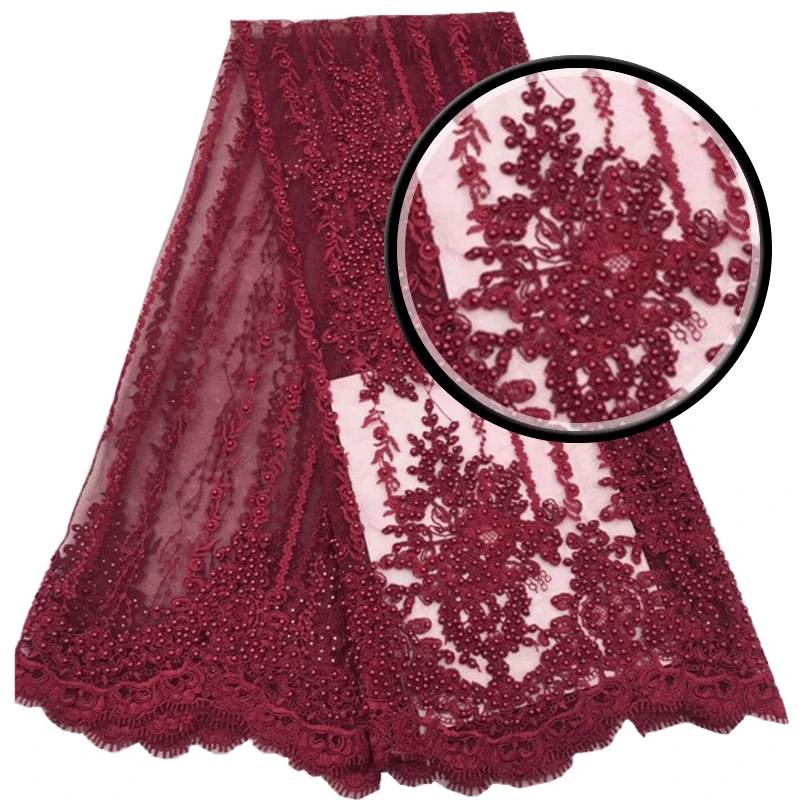 

2018Latest popular handmade bead fabric High qualityAfrican French Net lace fabric for Nigerian Wedding Dress lace MD307 Wine