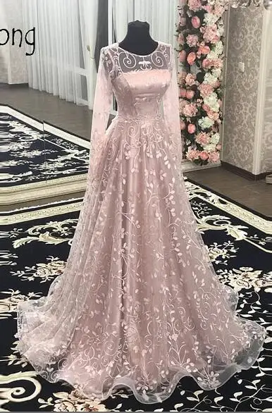 Скромные розовые цветочные кружевные платья для выпускного вечера с длинными рукавами элегантные трапециевидные Длинные вечерние платья Vestido Formatura Abiye платья для выпускного вечера - Цвет: Розовый