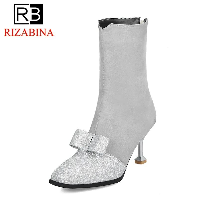

RIZABINA Size 35-46 Women High Heels Boots Bowtie Patchwork Mid Calf Boots Fur Winter Woman Shoes Fashion Shine Ladies Boots