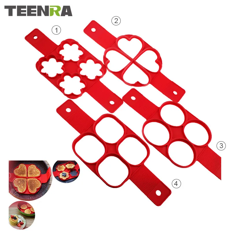 

TEENRA Red Non-stick Silicone Egg Mold Flippin' Fantastic Silicone Form For Pancake Ring Egg Maker Round Square Heart Star