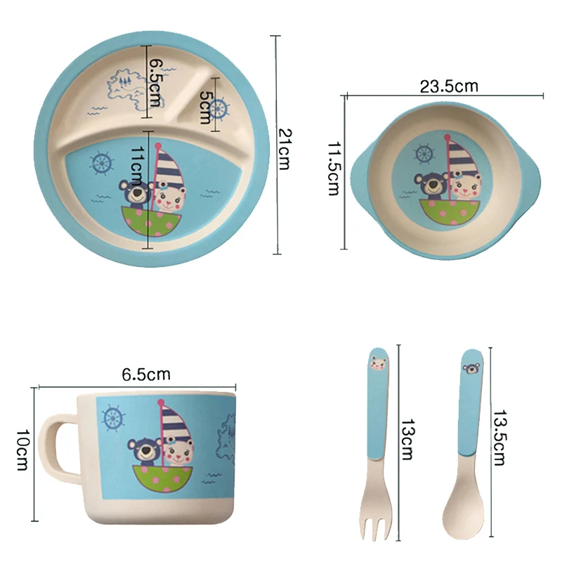 5 PcsSet Baby Bamboo Fiber Dinnerware Eco-friendly Children Feeding Food Plate With Cup Spoon Fork Food Storage Plate BB5120 (10)