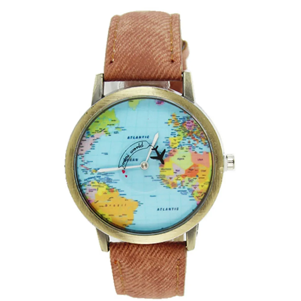 Женские часы с бронзовым циферблатом, Карта мира, летные часы-самолет, мир путешествий, джинсовый ремешок, кварцевые часы, женские наручные часы, подарки