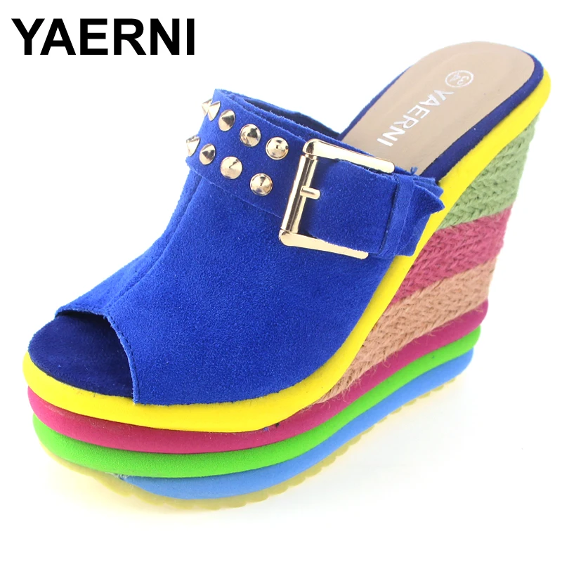 

YAERNI Sandalias Plataforma Summer Shoes Woman Bohemia Rainbow High Heel Slip On Peep Toe Platform Wedges Sandals Womens