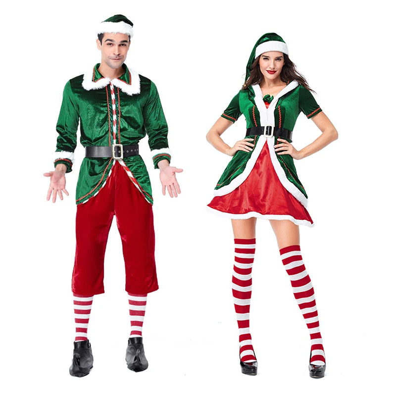 Новинка, Зеленый Бархатный Рождественский костюм Санта-Клауса, костюм для отца, Рождественский костюм для мужчин и женщин, зеленый эльфийский наряд, костюм