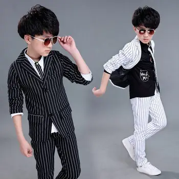 

2019 Kids Boys Formal Party Blazer Suits Children Coat Pants 2Pcs Tuxedo Sets Teens Boys Striped Prom Performance Costume Q244
