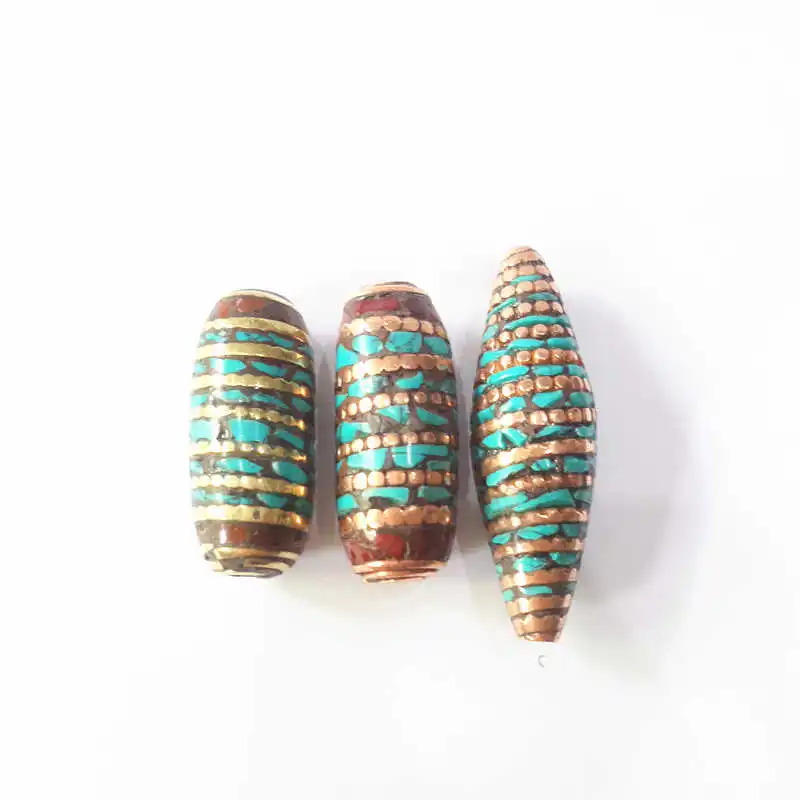 

Nepal Hand Metal Beads Copper Silk Filled With Turquoises Big Shuttle Loose Beads for DIY NBB207