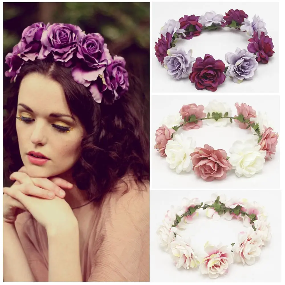 

Fashion Bohemia Bride Rose Flower Wreath Headbands Women Girl Floral Crown Hairband Wedding Headband Garland Hair Accessories