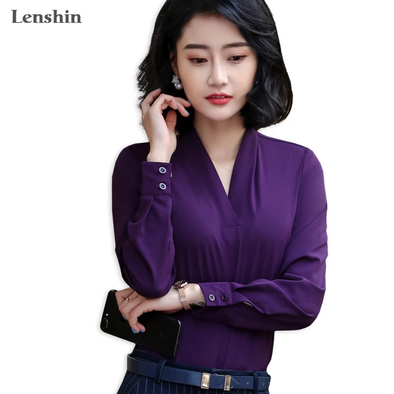 Lenshin шифоновая рубашка с v-образным вырезом, Женский пуловер, блузка, элегантные топы, женская одежда с длинным рукавом для офиса, женская одежда, свободный стиль
