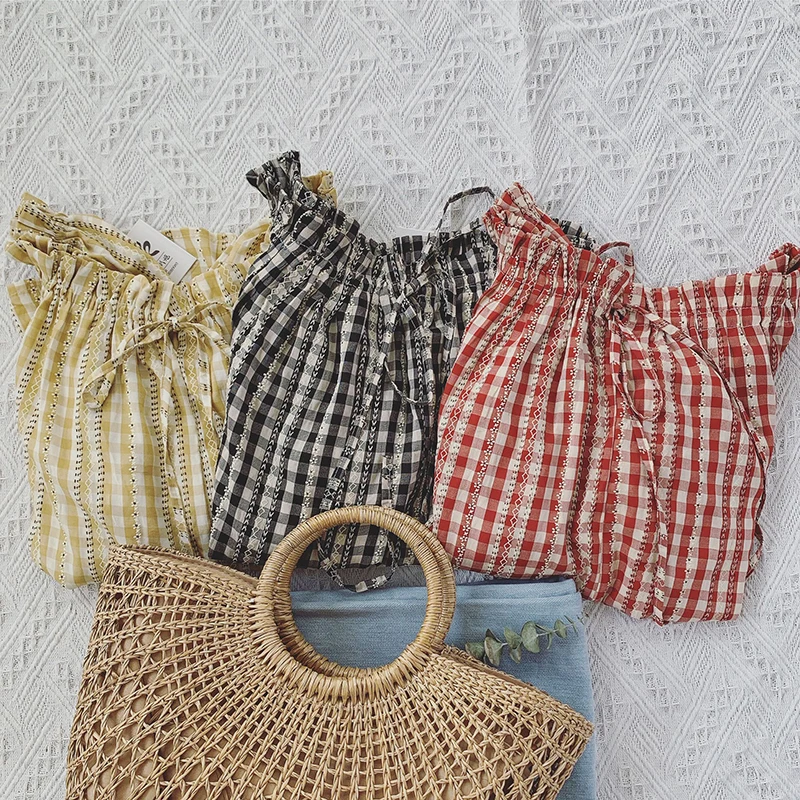 

Women Cotton Plaid Blouses Female Blouses 2019 Shoulder Ruffled Lantern Sleeves Loose One Word Collar Strapless Tops
