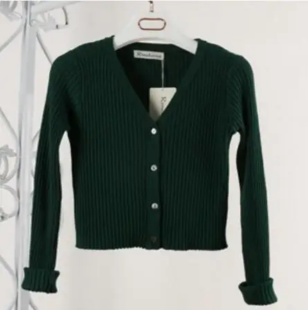 Трикотажные укороченные топы для женщин Мода V образным вырезом с длинным рукавом сплошной цвет свитер женский вертикальный вязаный однобортный короткий кардиган - Цвет: Deep Green Cardigan