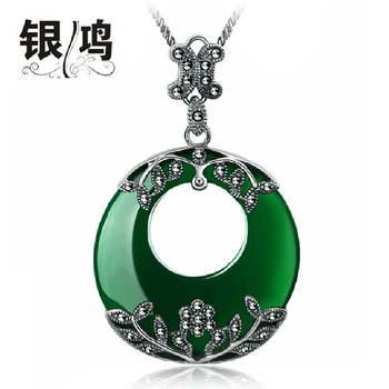 

925 Sterling silver green jewelry natural green pendant silversmith old handmade retro big red Pendant girlfriend gift