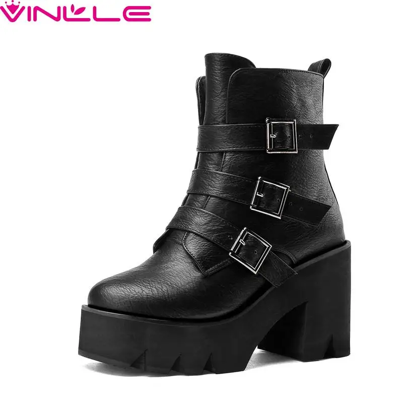 

VINLLE All-Match Motorcycle Boots For Women Round Toe Buckle Strap Platform Square High Heels Ankle Winter  Shoes Size 34-43